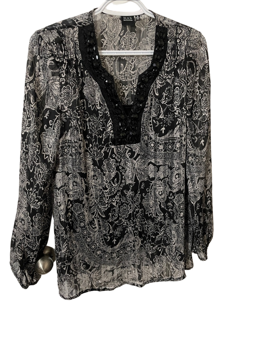 Black Saks Fifth Avenue Black Paisley V-Neck Detail Blouse with Camisole Size M